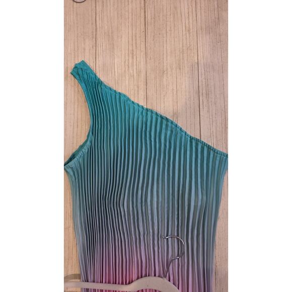 Nicole Miller One-Shoulder Ombre Pleated Maxi Dress Womens Size S Teal - Picture 11 of 13